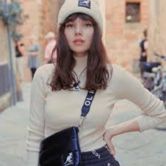 Kangol x H&M Sweater Crop Rib Knit Mock Turtle Neck Womens Beige - Picture 2 of 15